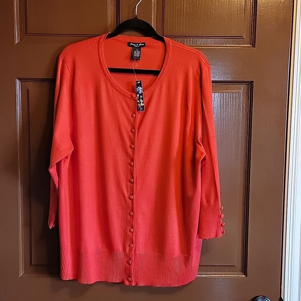 Audrey & Grace Scoop Neck tangerine long sleeved button down front sweater 3X